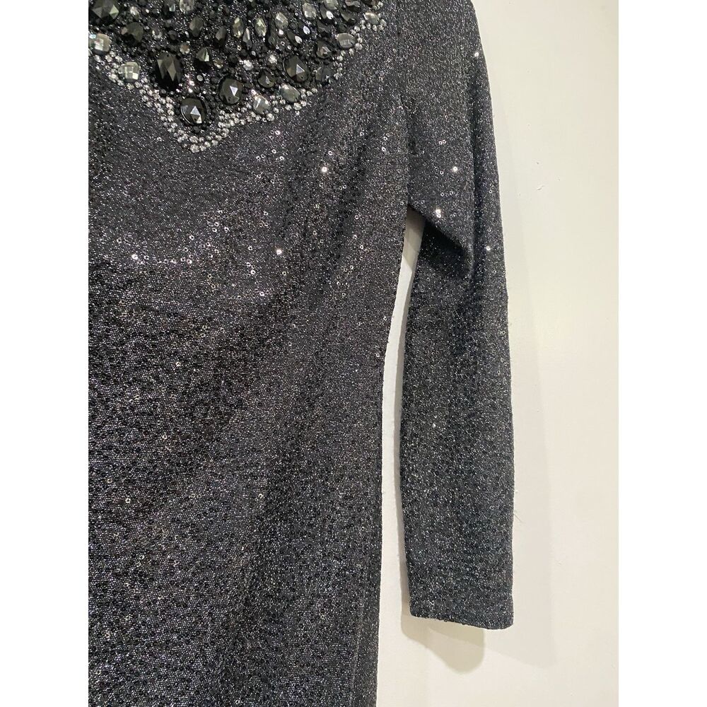 Carmen Marc Valvo Dress Sz 8 Black Silver Beaded Neck Sequin Cocktail Midi - Picture 4 of 12